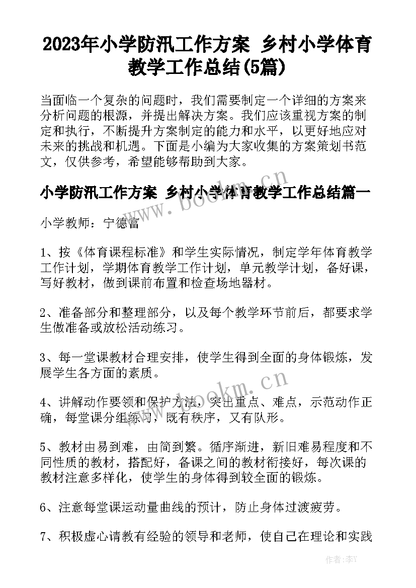 2023年小学防汛工作方案 乡村小学体育教学工作总结(5篇)