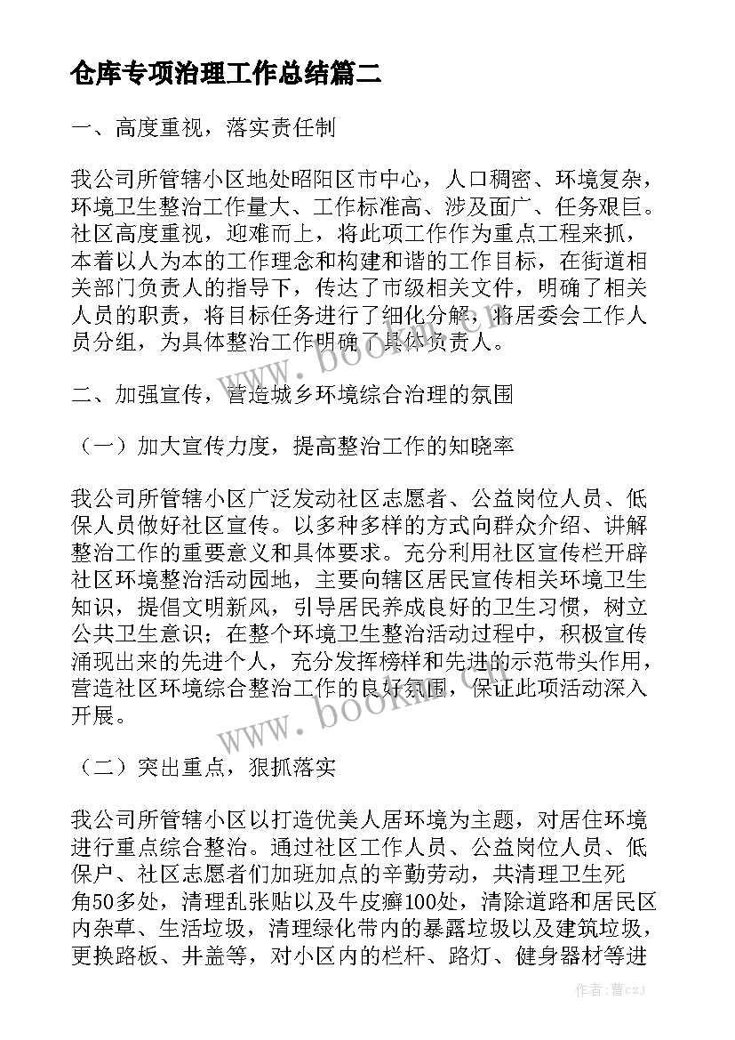 仓库专项治理工作总结模板