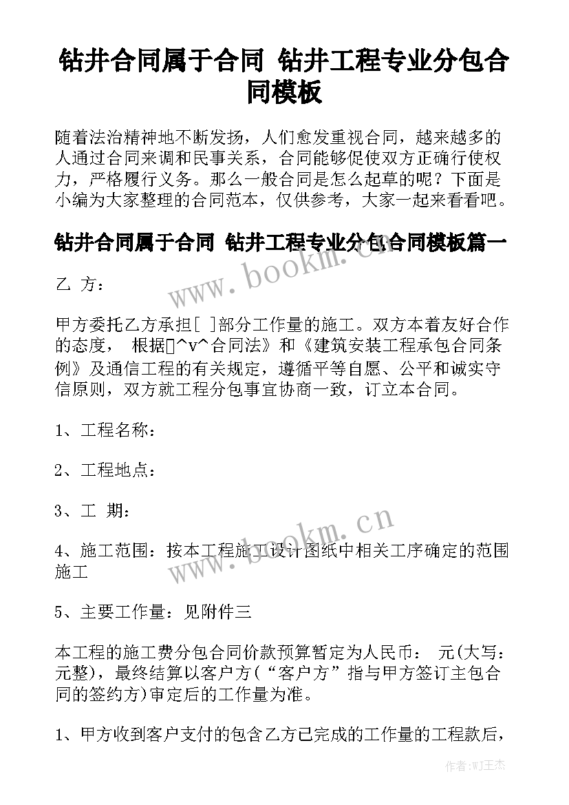 钻井合同属于合同 钻井工程专业分包合同模板