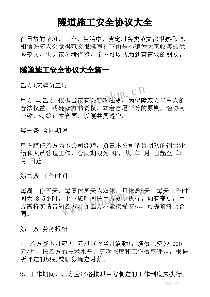 隧道施工安全协议大全