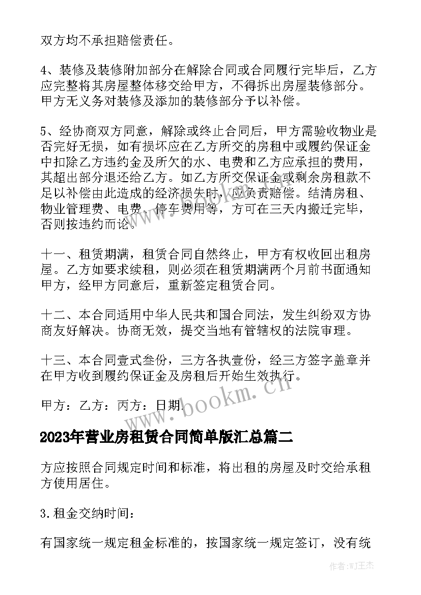 2023年营业房租赁合同简单版汇总