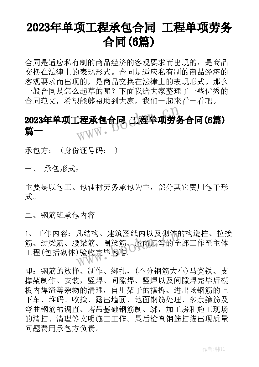 2023年单项工程承包合同 工程单项劳务合同(6篇)