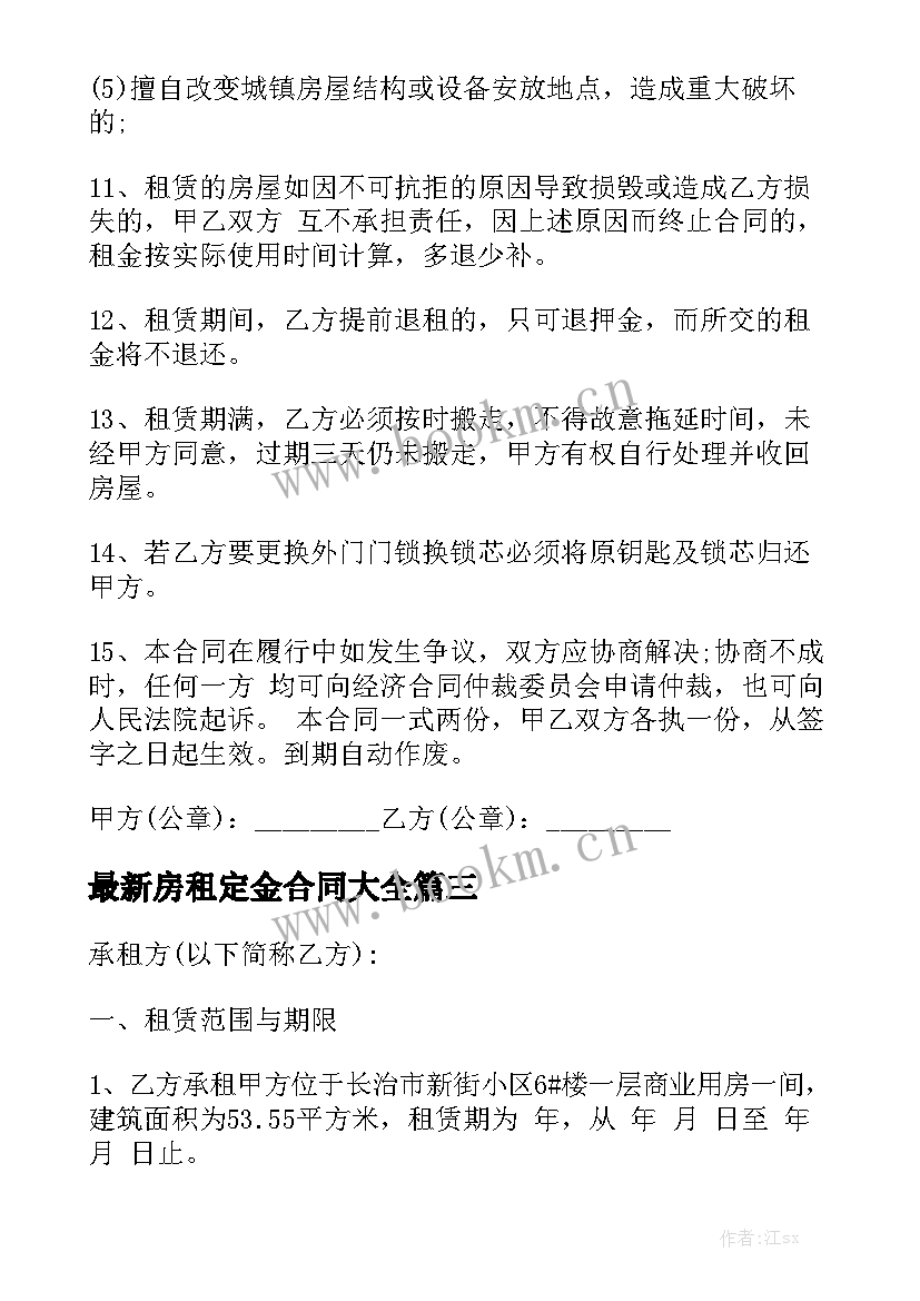 最新房租定金合同大全