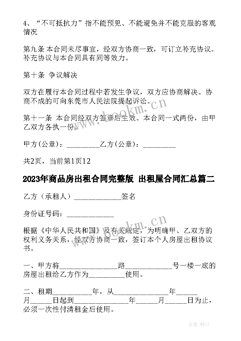 2023年商品房出租合同完整版 出租屋合同汇总