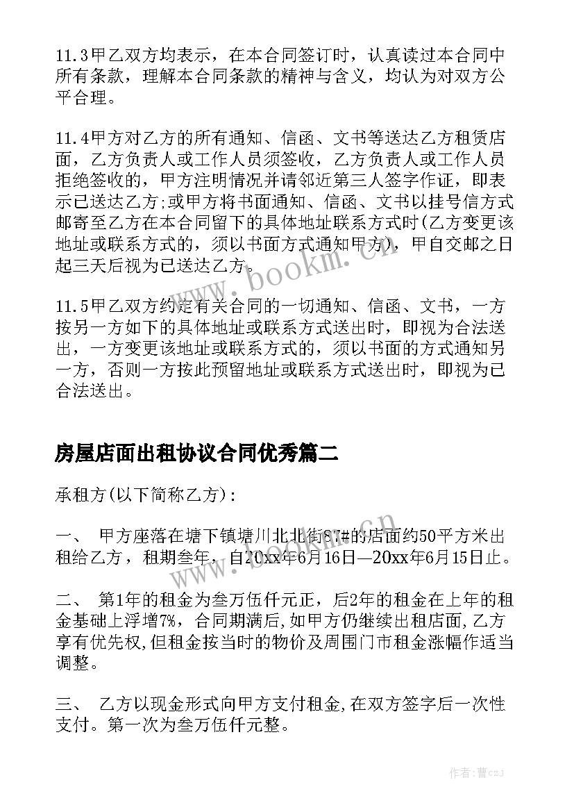 房屋店面出租协议合同优秀