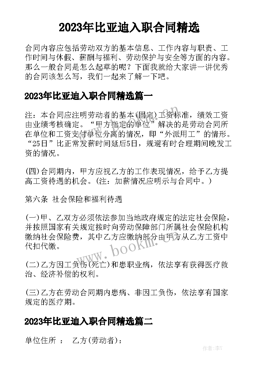 2023年比亚迪入职合同精选