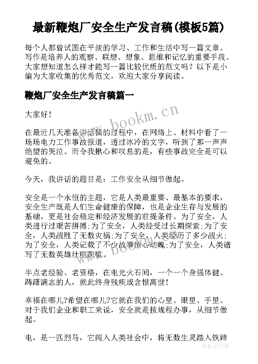 最新鞭炮厂安全生产发言稿(模板5篇)