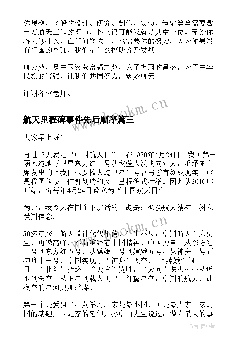 最新航天里程碑事件先后顺序 航天精神话题演讲稿(汇总6篇)