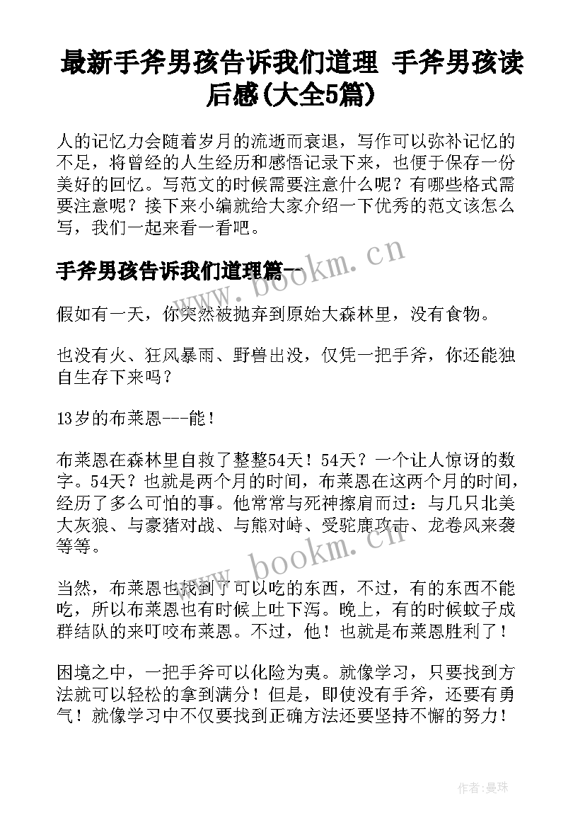 最新手斧男孩告诉我们道理 手斧男孩读后感(大全5篇)