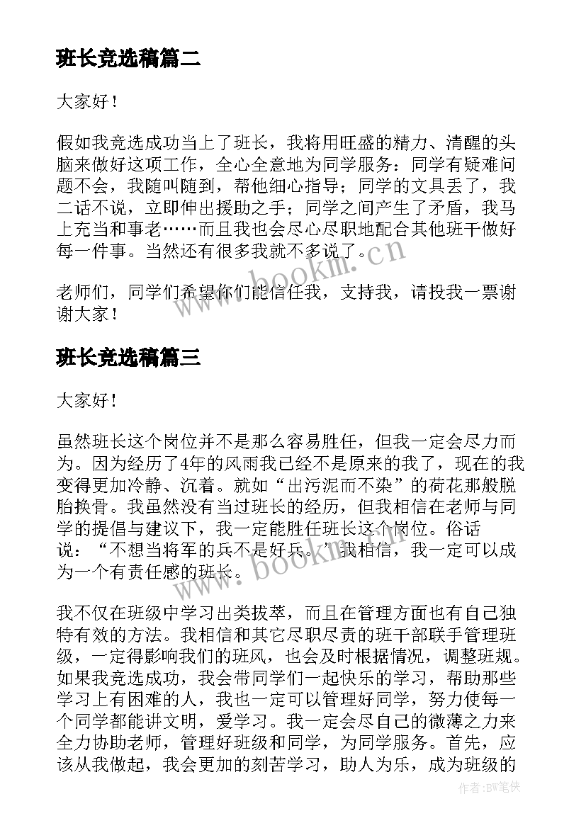 2023年班长竞选稿(精选10篇)