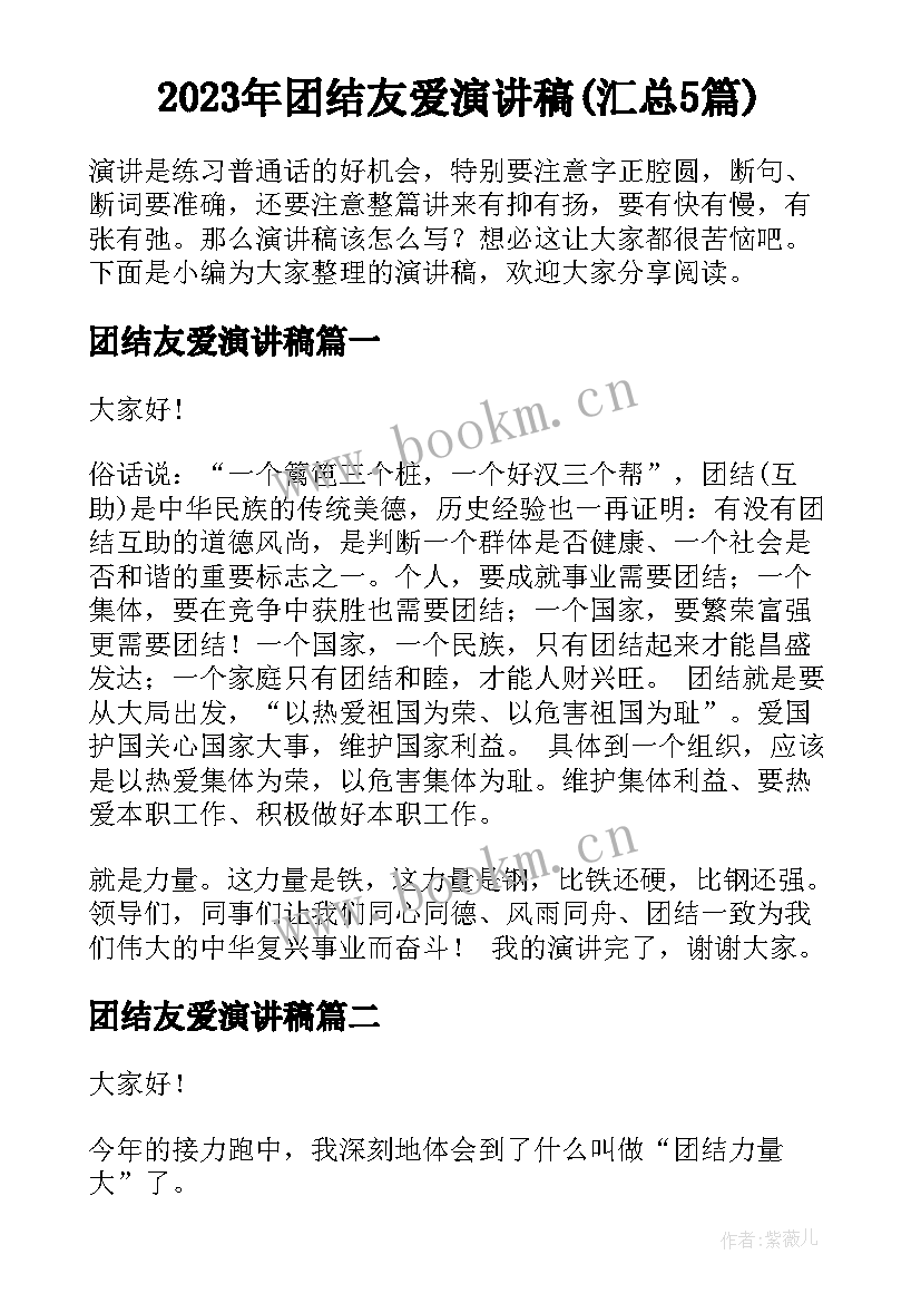 2023年团结友爱演讲稿(汇总5篇)