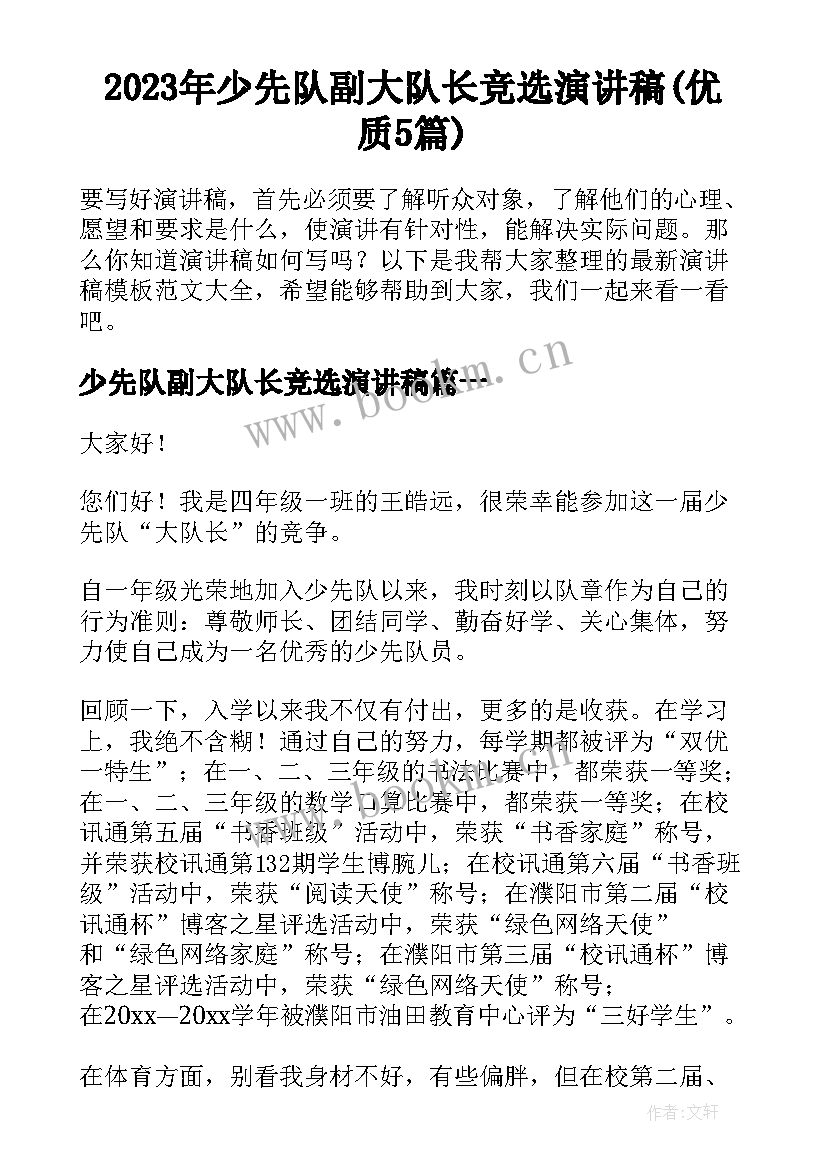 2023年少先队副大队长竞选演讲稿(优质5篇)