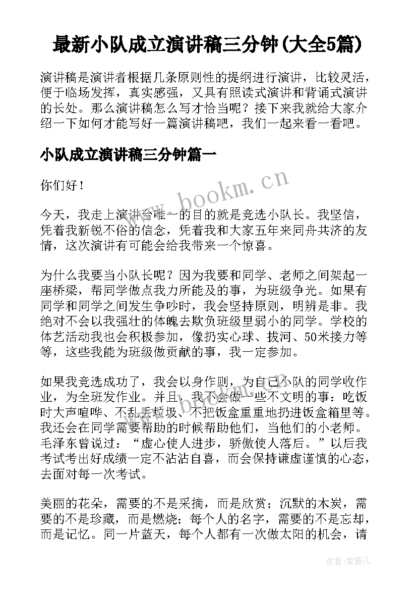 最新小队成立演讲稿三分钟(大全5篇)