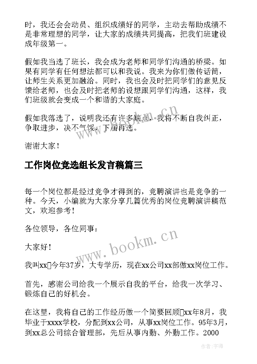 2023年工作岗位竞选组长发言稿(优秀7篇)