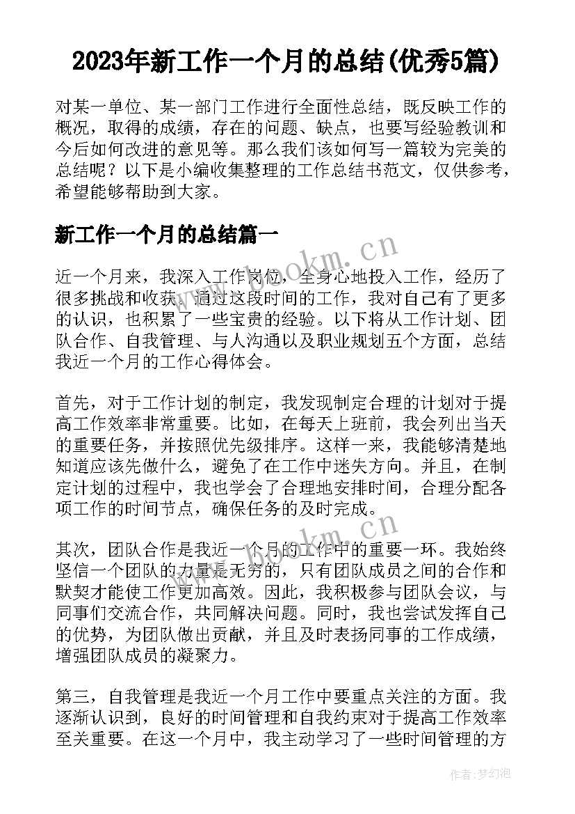 2023年新工作一个月的总结(优秀5篇)