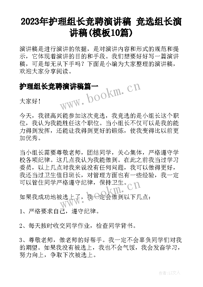 2023年护理组长竞聘演讲稿 竞选组长演讲稿(模板10篇)