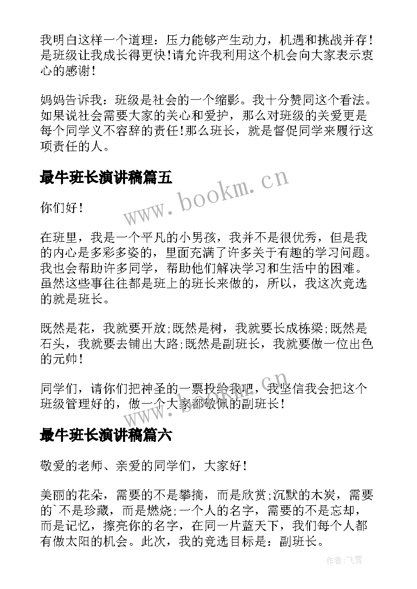 2023年最牛班长演讲稿(优质10篇)