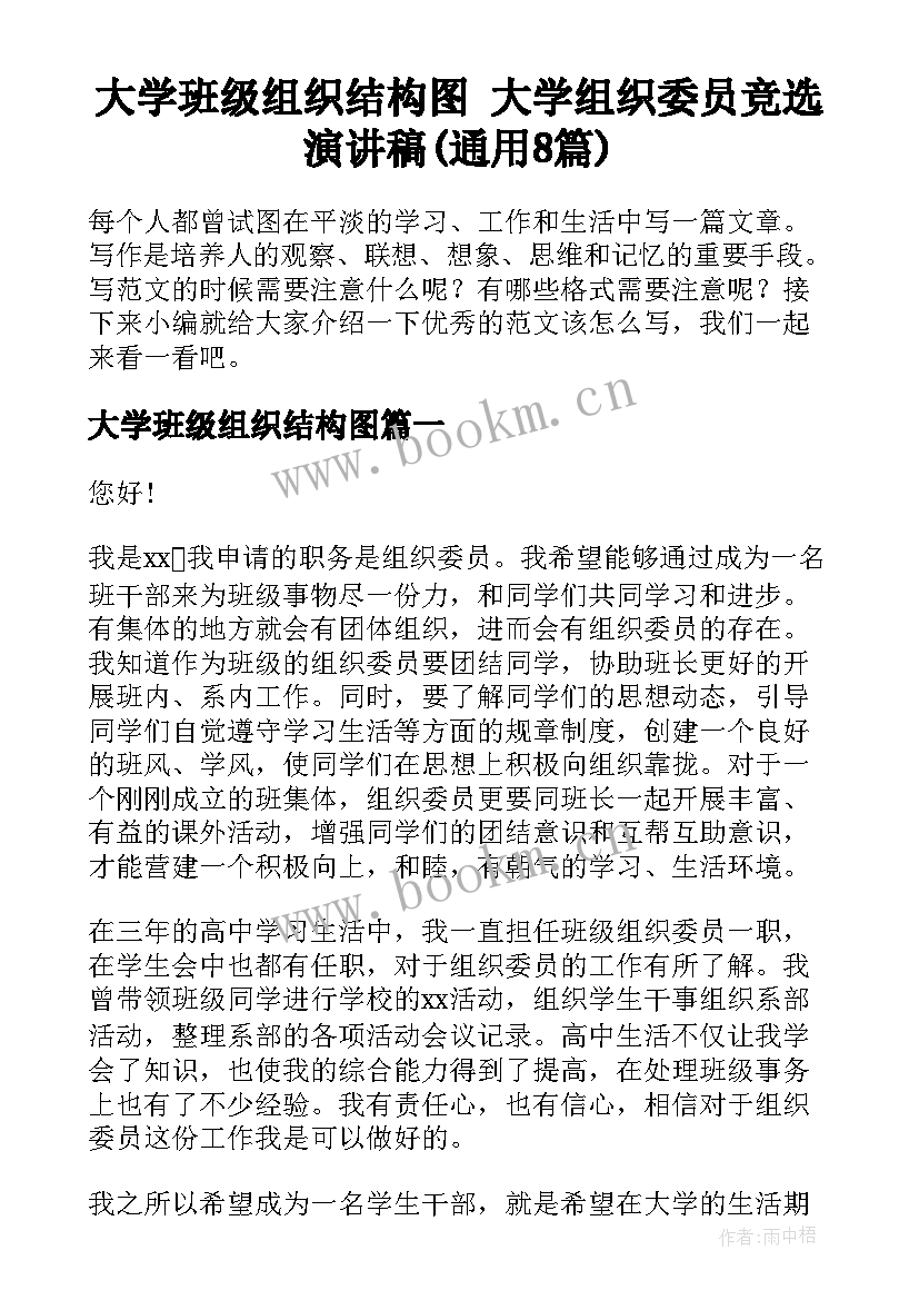 大学班级组织结构图 大学组织委员竞选演讲稿(通用8篇)