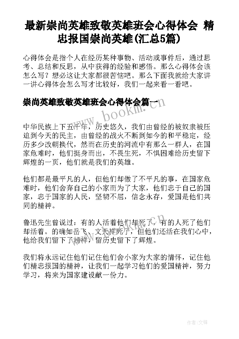 最新崇尚英雄致敬英雄班会心得体会 精忠报国崇尚英雄(汇总5篇)