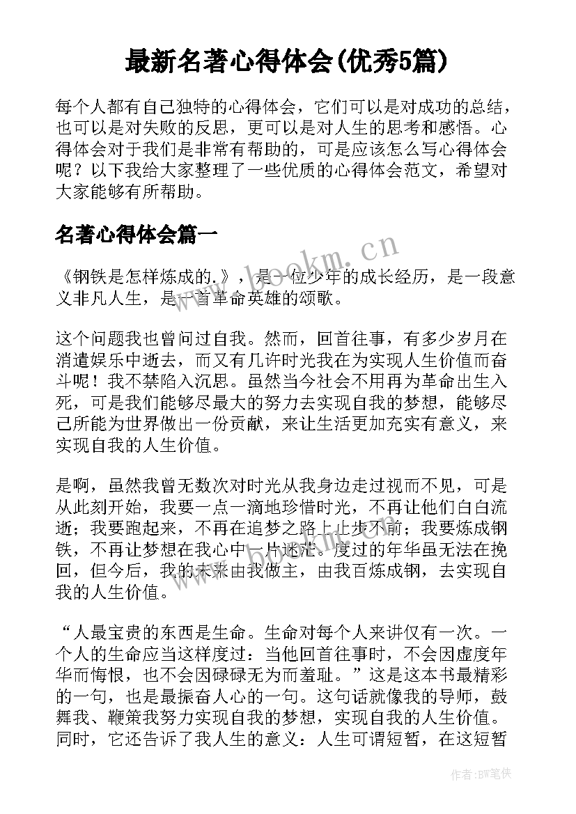 最新名著心得体会(优秀5篇)