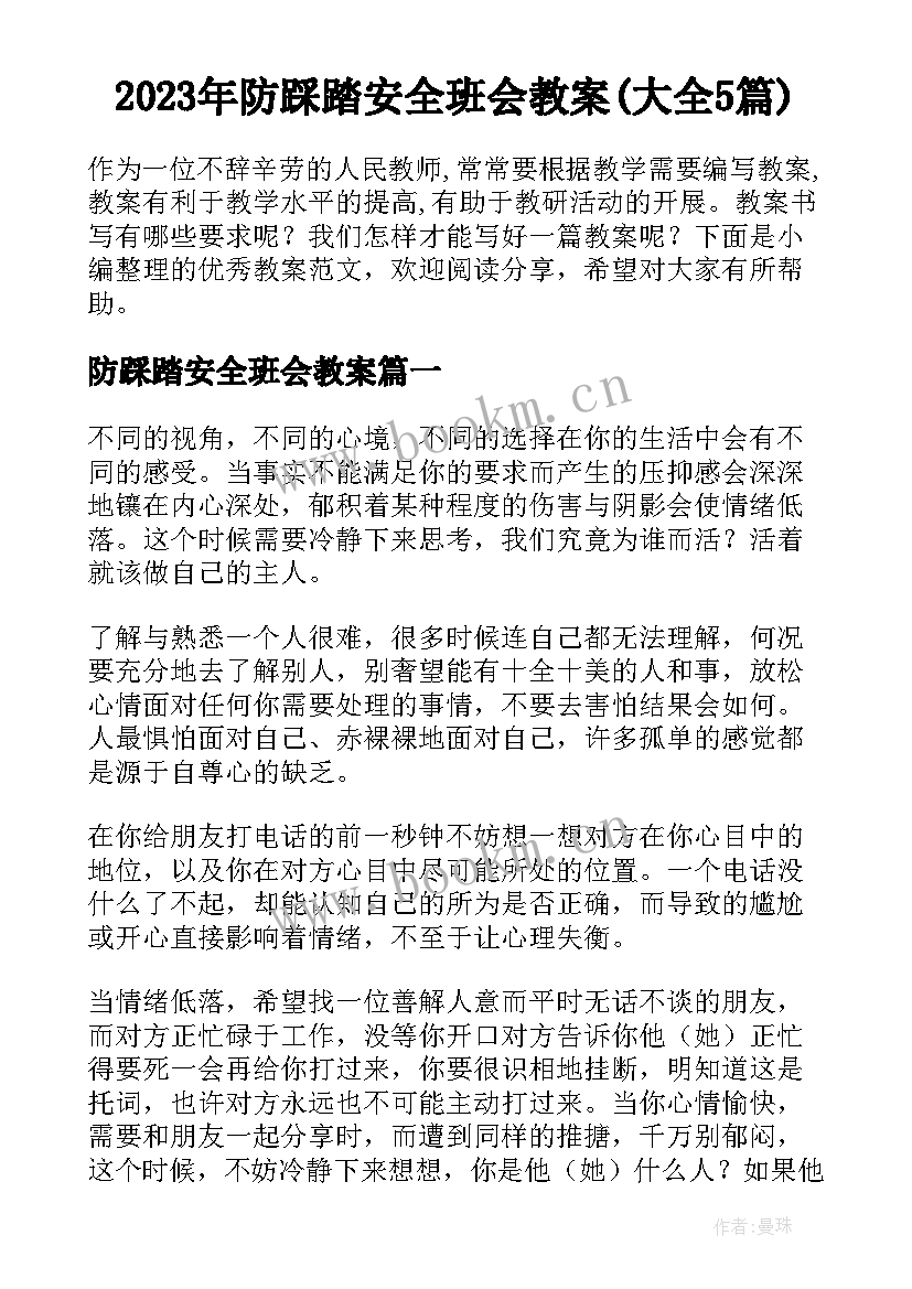 2023年防踩踏安全班会教案(大全5篇)