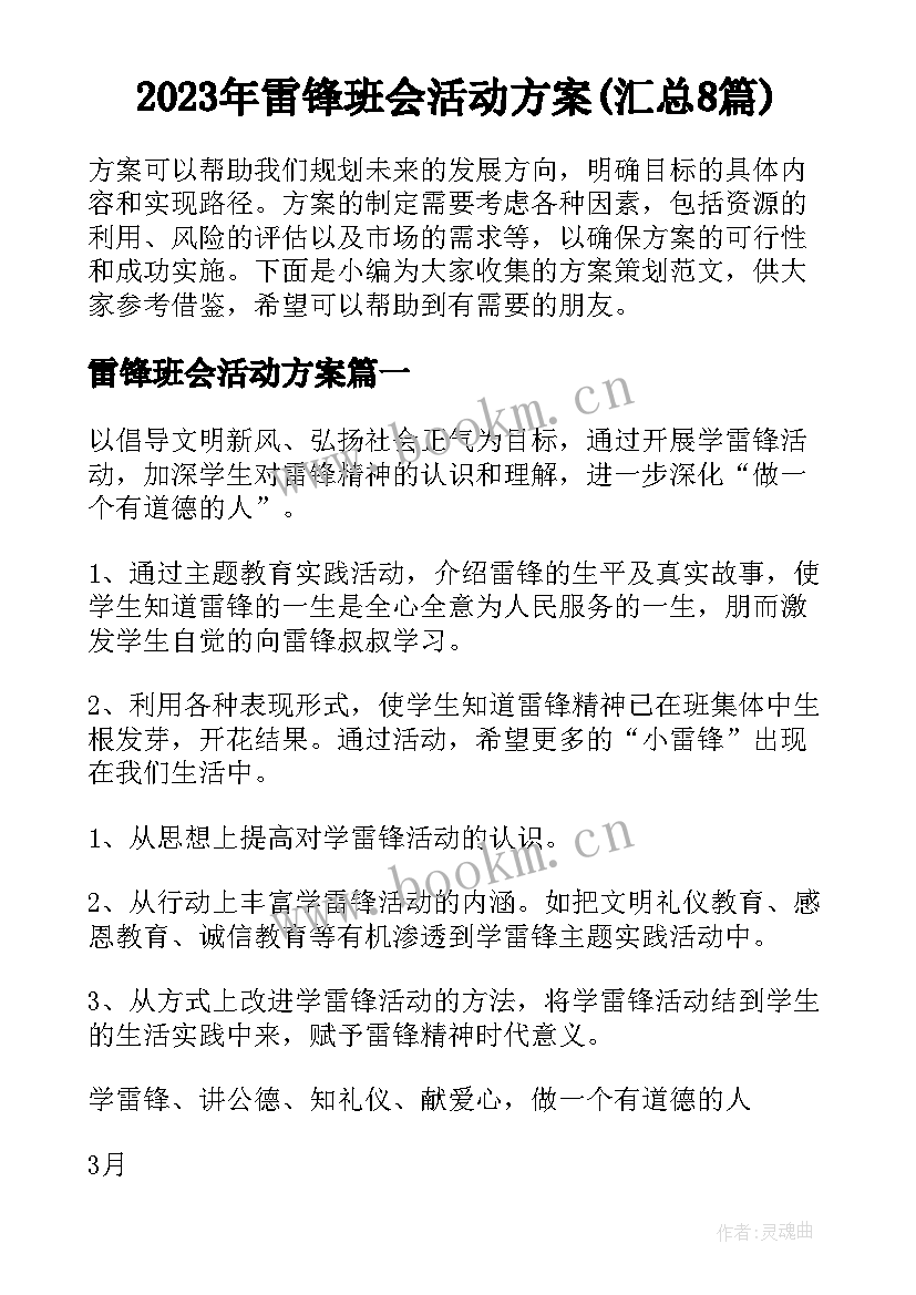 2023年雷锋班会活动方案(汇总8篇)