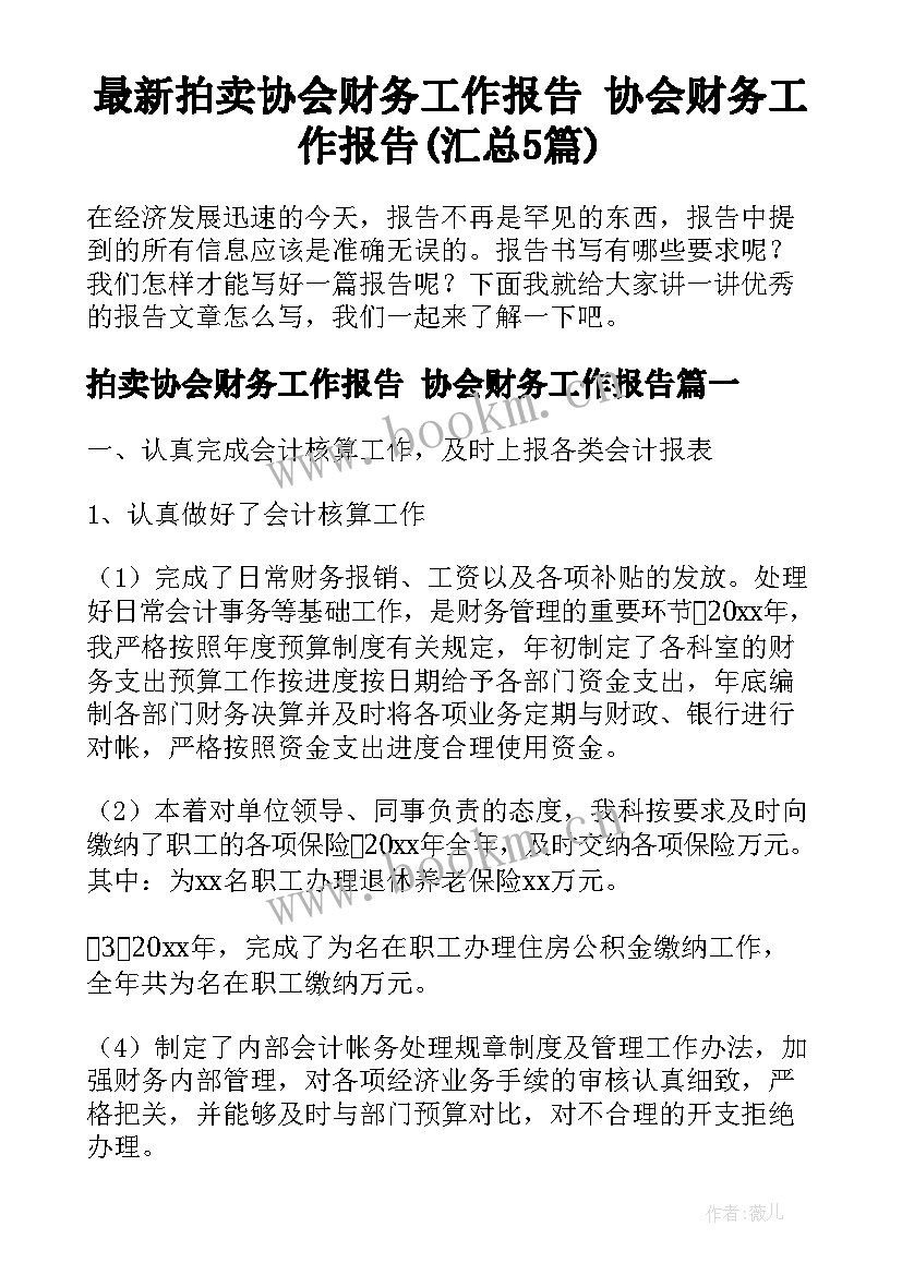 最新拍卖协会财务工作报告 协会财务工作报告(汇总5篇)