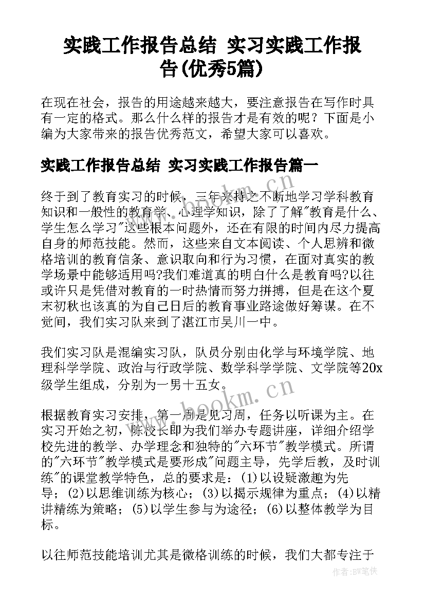 实践工作报告总结 实习实践工作报告(优秀5篇)