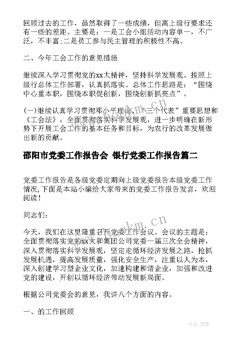 2023年邵阳市党委工作报告会 银行党委工作报告(精选7篇)