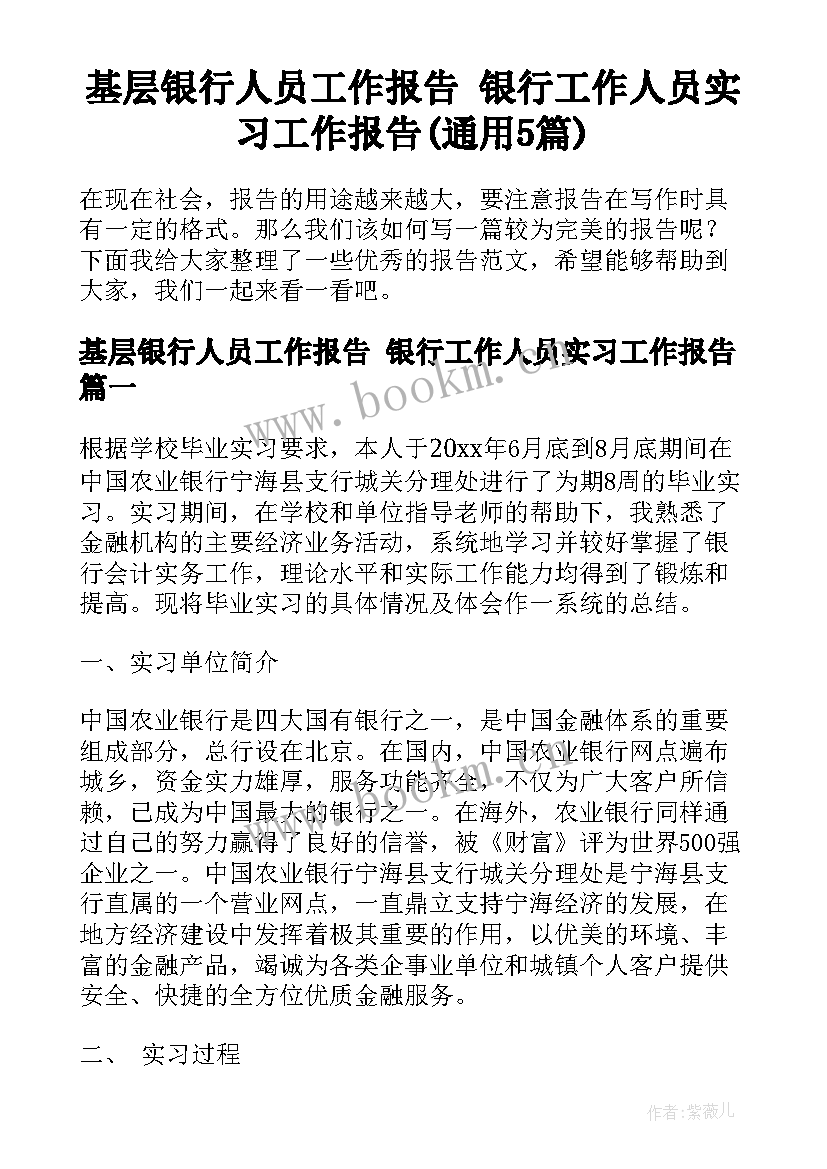 基层银行人员工作报告 银行工作人员实习工作报告(通用5篇)