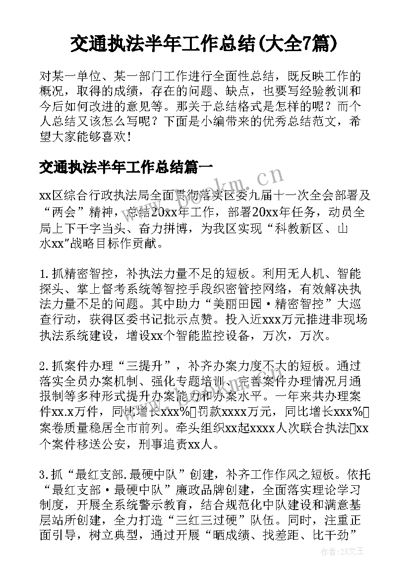 交通执法半年工作总结(大全7篇)