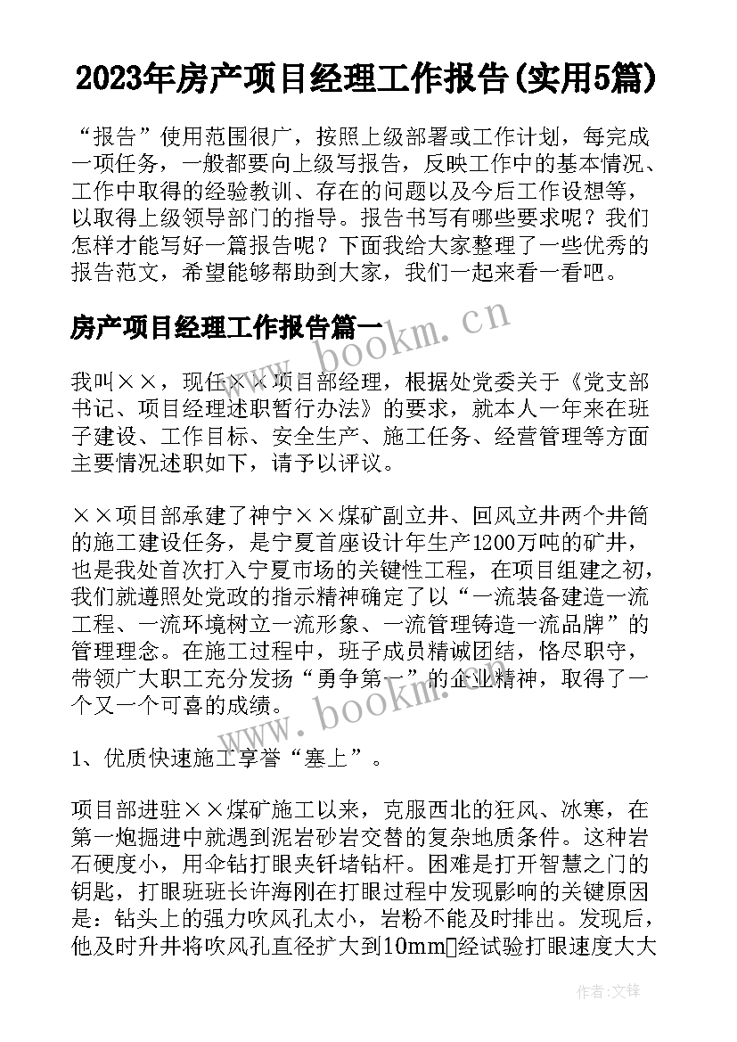 2023年房产项目经理工作报告(实用5篇)