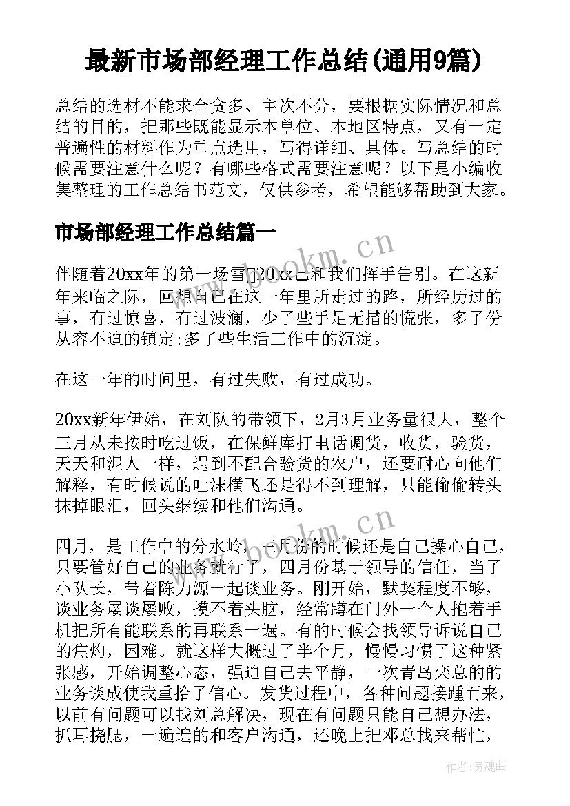 最新市场部经理工作总结(通用9篇)