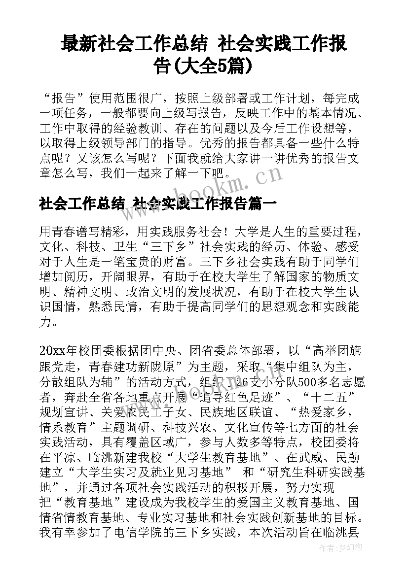 最新社会工作总结 社会实践工作报告(大全5篇)