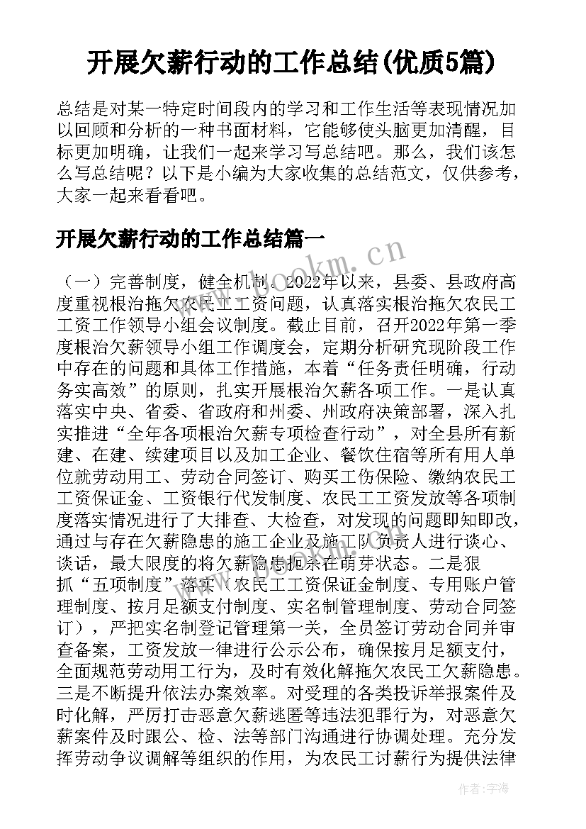 开展欠薪行动的工作总结(优质5篇)