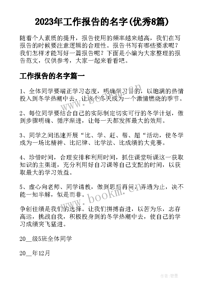 2023年工作报告的名字(优秀8篇)