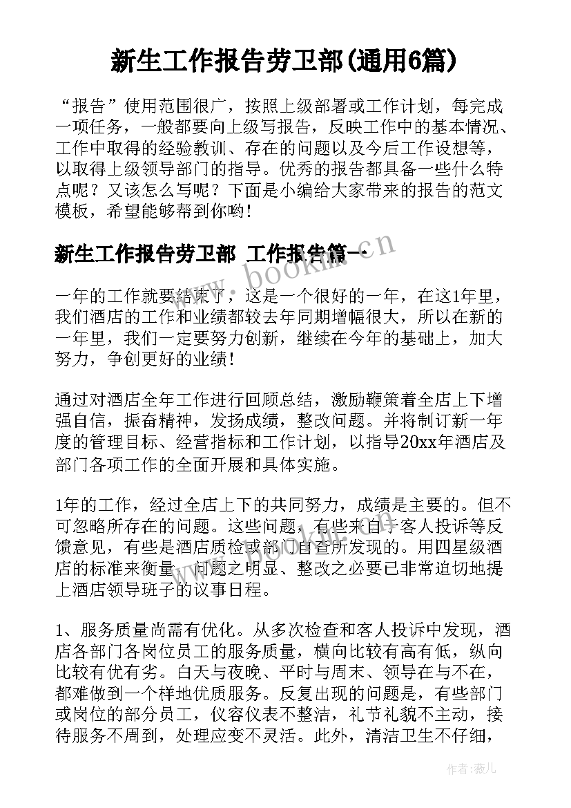 新生工作报告劳卫部(通用6篇)