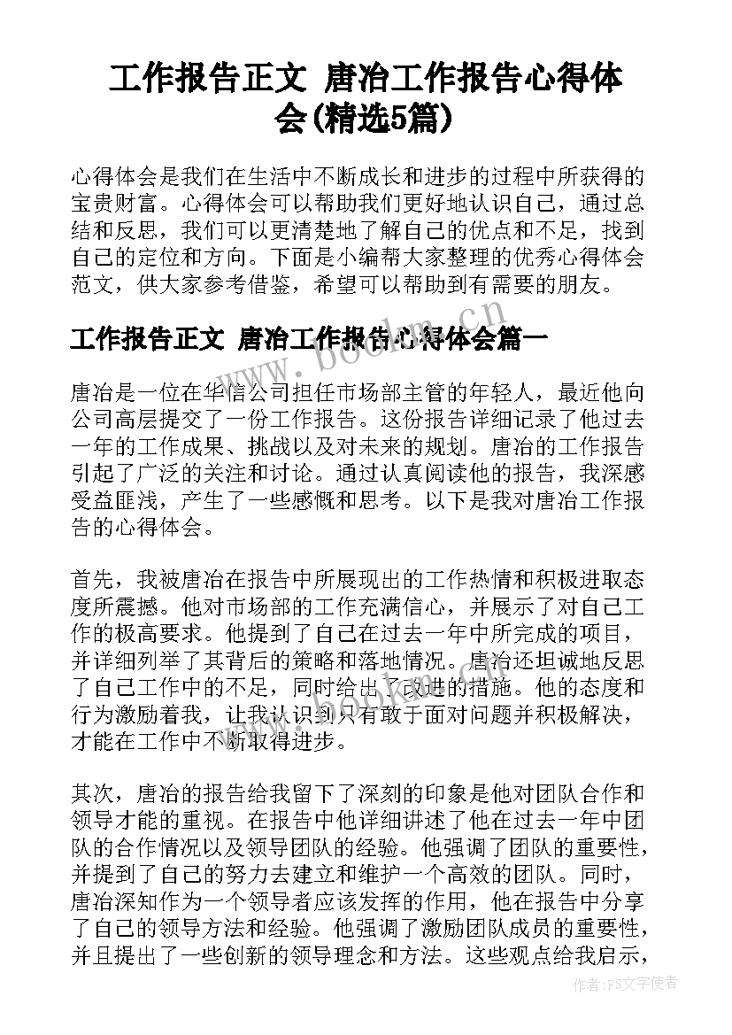 工作报告正文 唐冶工作报告心得体会(精选5篇)