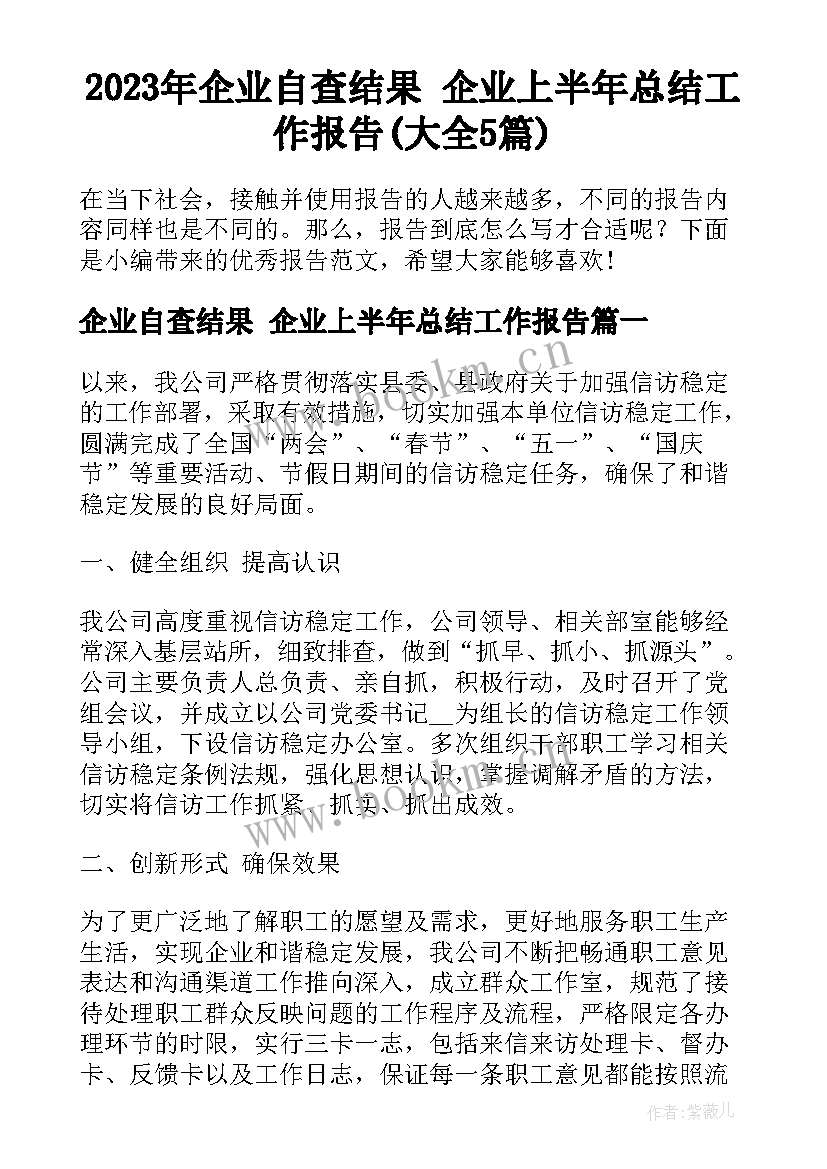 2023年企业自查结果 企业上半年总结工作报告(大全5篇)