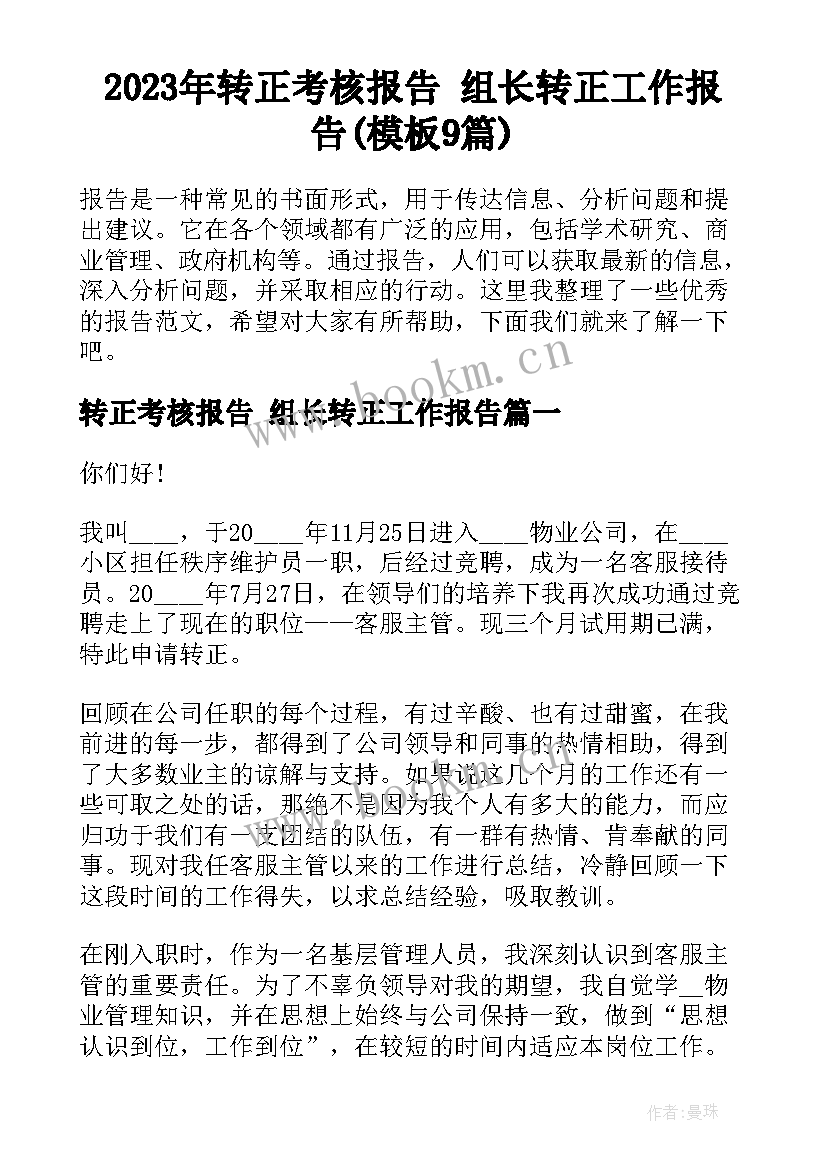 2023年转正考核报告 组长转正工作报告(模板9篇)