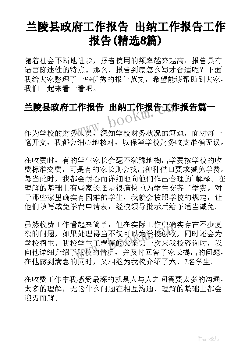 兰陵县政府工作报告 出纳工作报告工作报告(精选8篇)