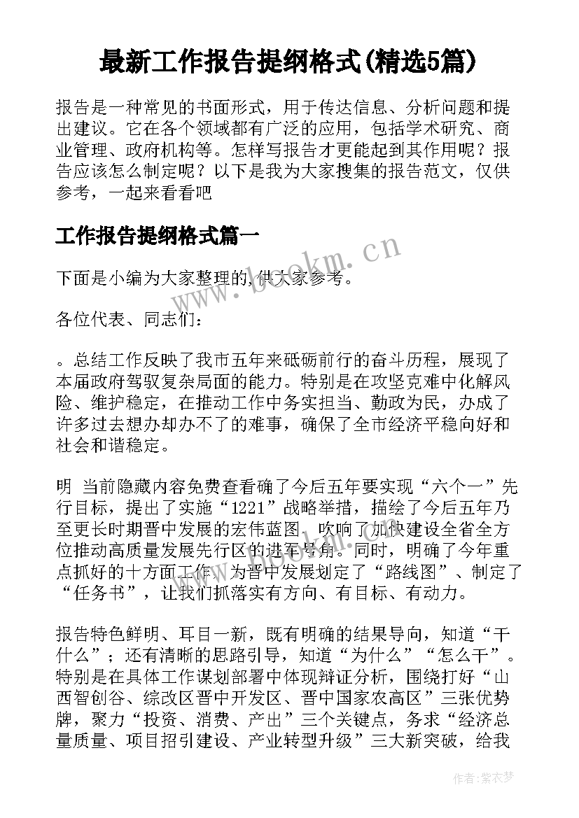 最新工作报告提纲格式(精选5篇)