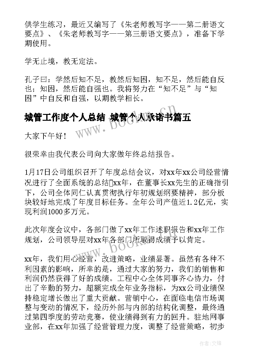 2023年城管工作度个人总结 城管个人承诺书(实用10篇)