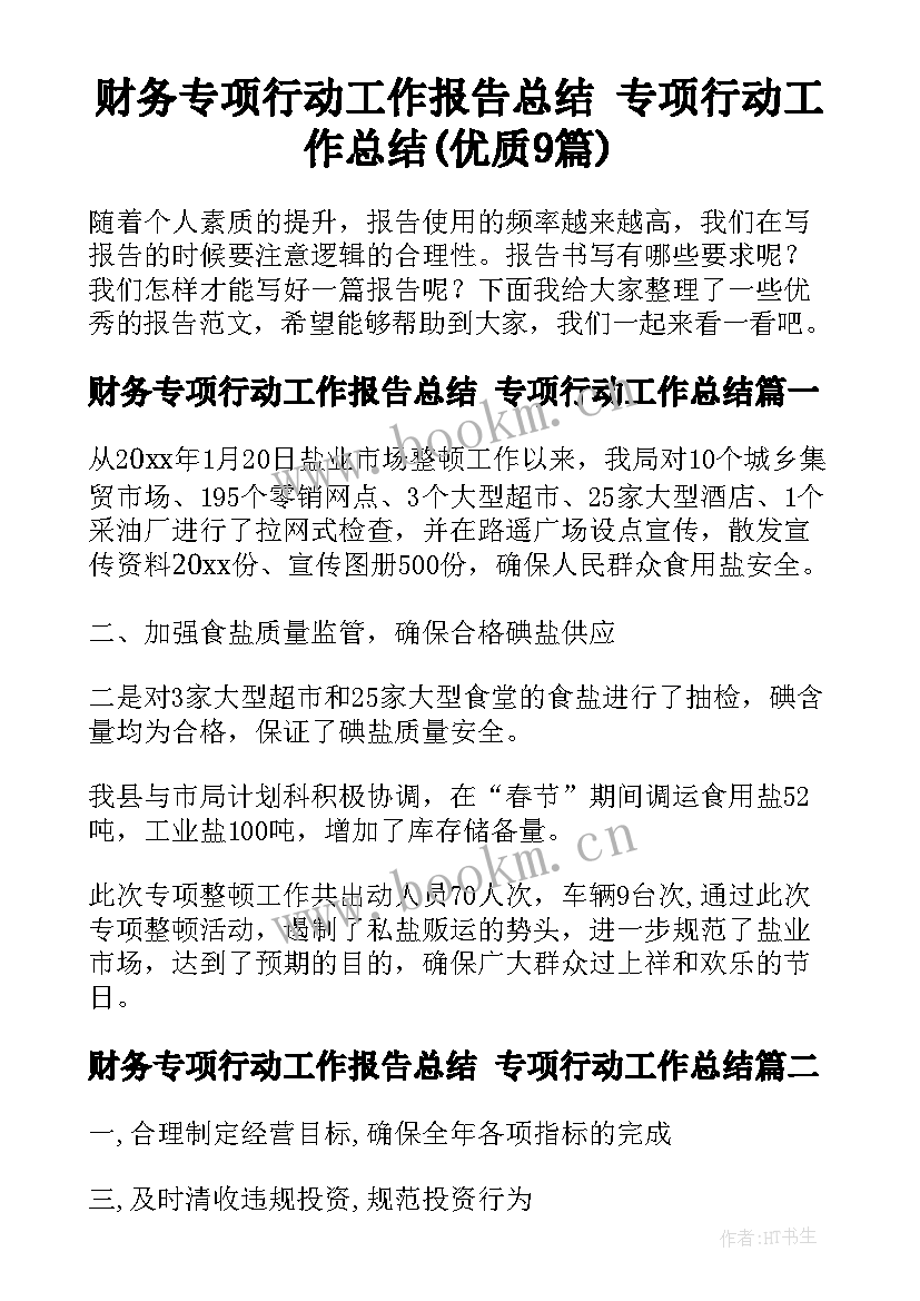 财务专项行动工作报告总结 专项行动工作总结(优质9篇)