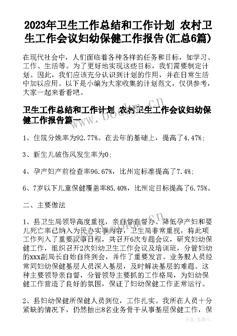 2023年卫生工作总结和工作计划 农村卫生工作会议妇幼保健工作报告(汇总6篇)