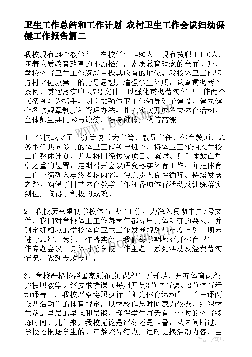 2023年卫生工作总结和工作计划 农村卫生工作会议妇幼保健工作报告(汇总6篇)