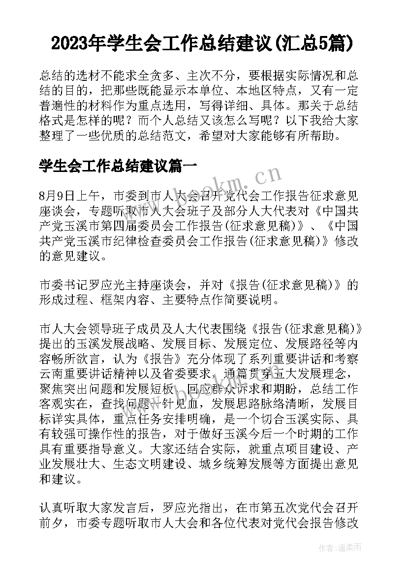 2023年学生会工作总结建议(汇总5篇)