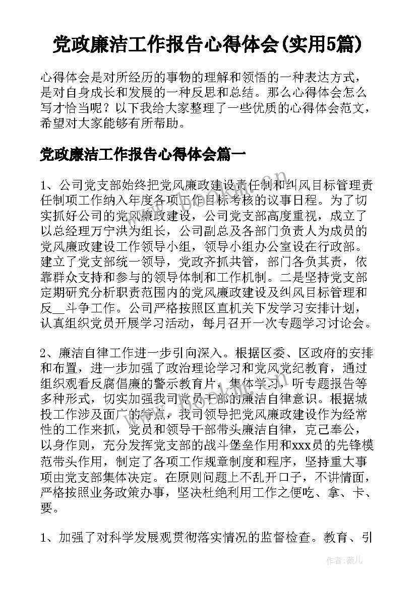 党政廉洁工作报告心得体会(实用5篇)