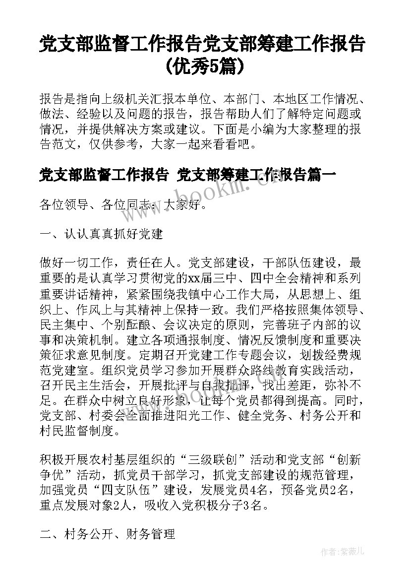 党支部监督工作报告 党支部筹建工作报告(优秀5篇)