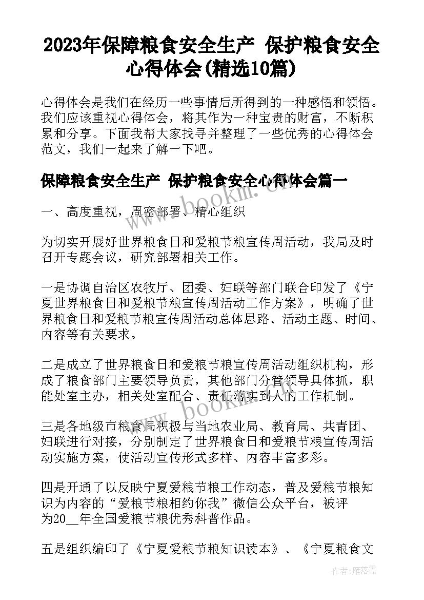 2023年保障粮食安全生产 保护粮食安全心得体会(精选10篇)